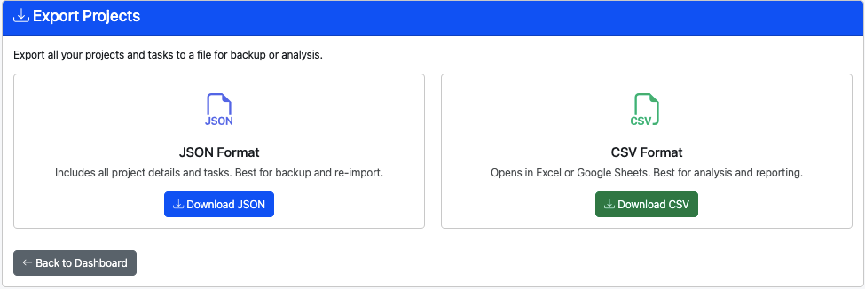 Exporting projects from Tasking-CP to JSON or CSV